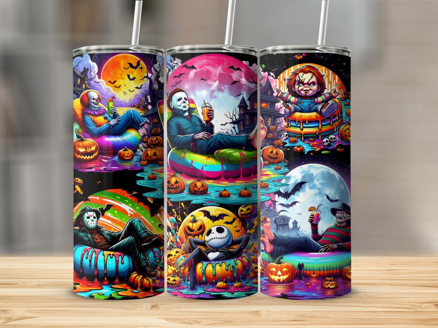 Halloween-themed tumblers featuring Freddy Krueger, Chucky, Michael Myers, Jack Skellington, and Pennywise.
