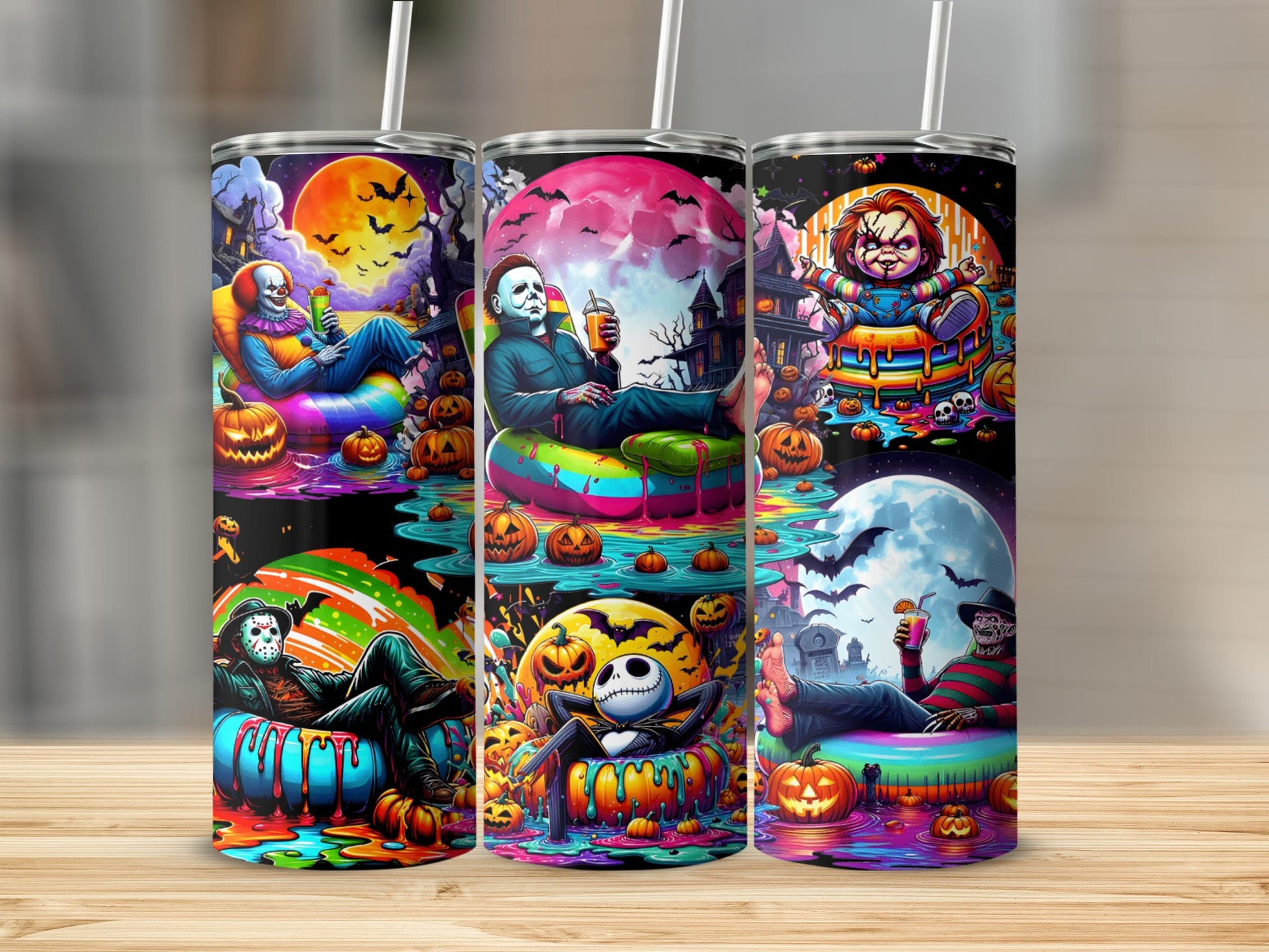 Halloween-themed tumblers featuring Freddy Krueger, Chucky, Michael Myers, Jack Skellington, and Pennywise.
