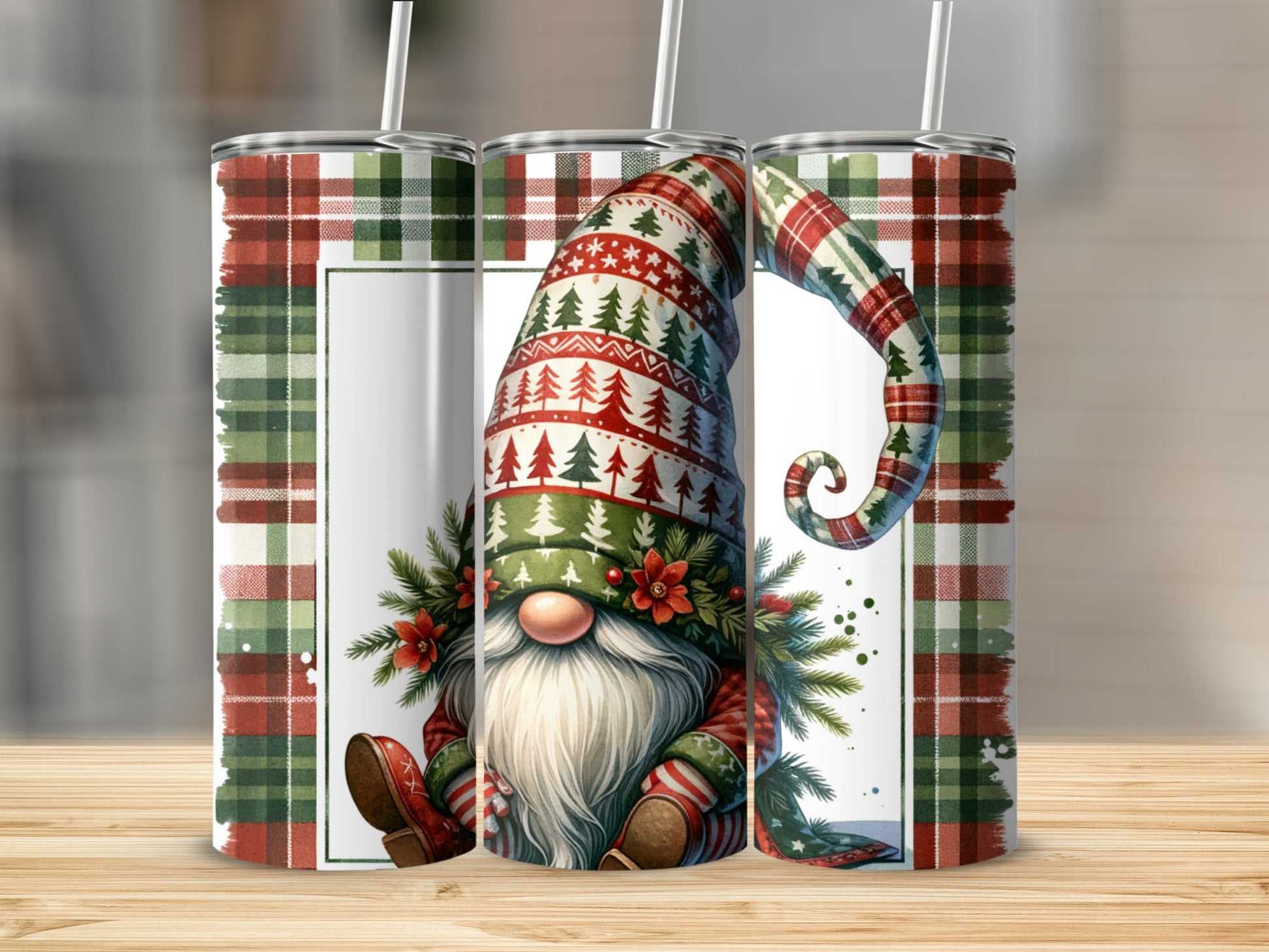 Christmas gnome with Santa hat and festive plaid pattern on tumbler.