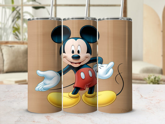 Mickey Mouse in red shorts and yellow shoes on a wood-grain tumbler.