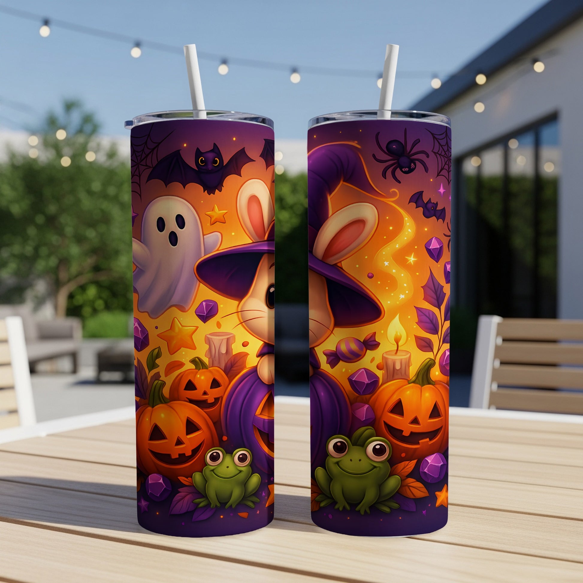 Two Halloween-themed tumblers with bats, ghosts, pumpkins, and frogs.