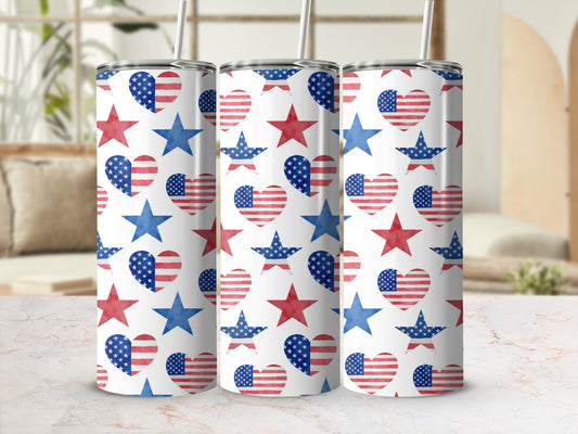 Patriotic tumbler with American flag hearts and stars pattern.