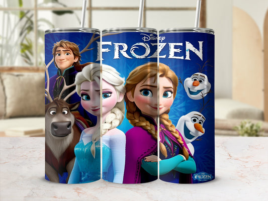 Frozen characters Elsa, Anna, Kristoff, and Olaf on a blue tumbler with snowflakes.
