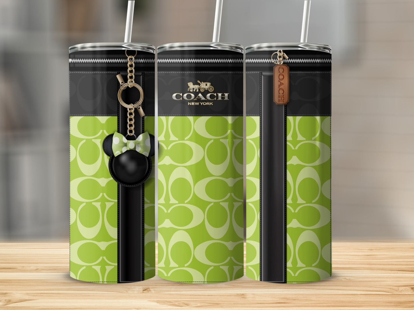 Coach New York Green Pattern Tumbler with Keychain