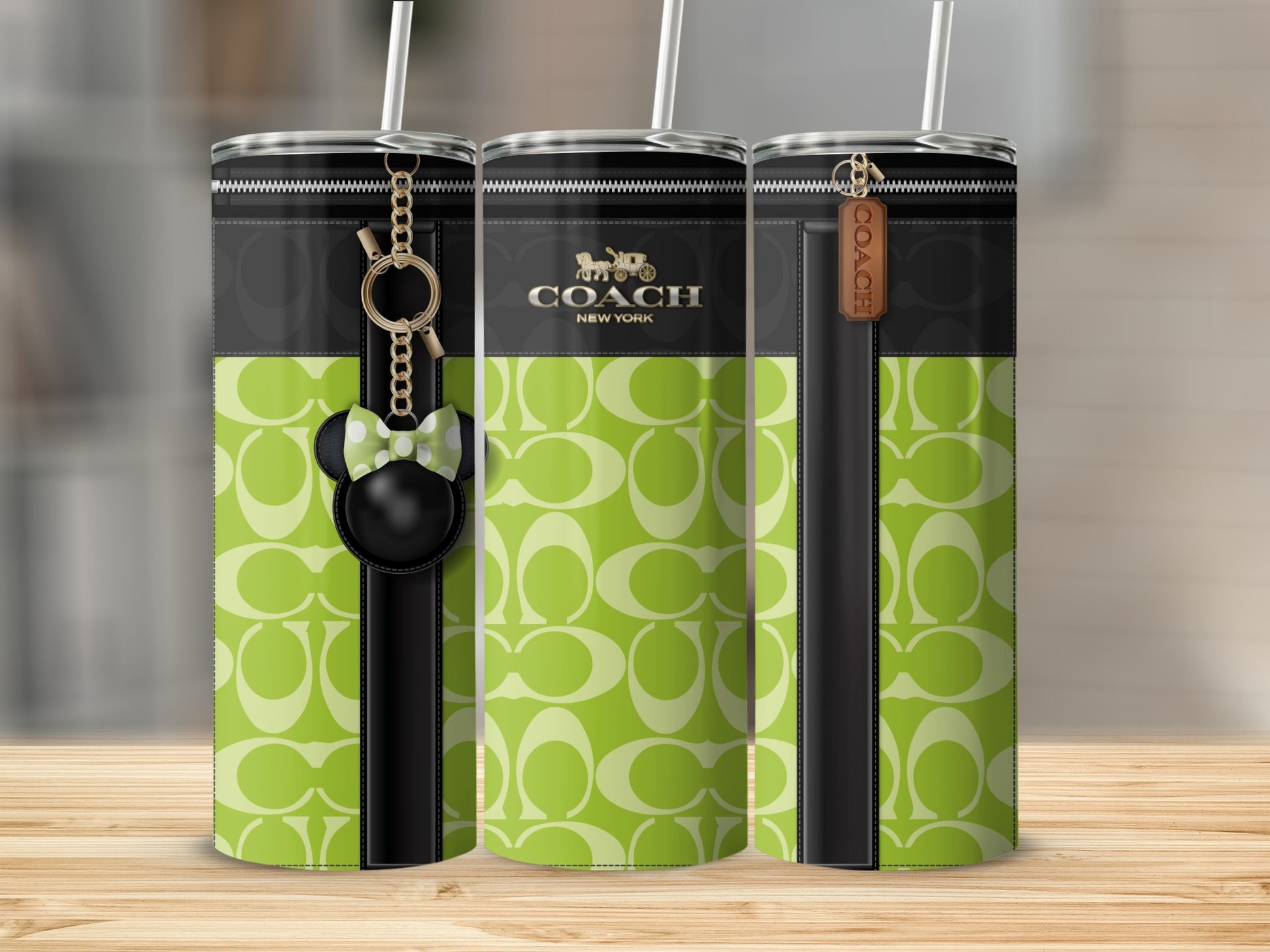 Coach New York Green Pattern Tumbler with Keychain