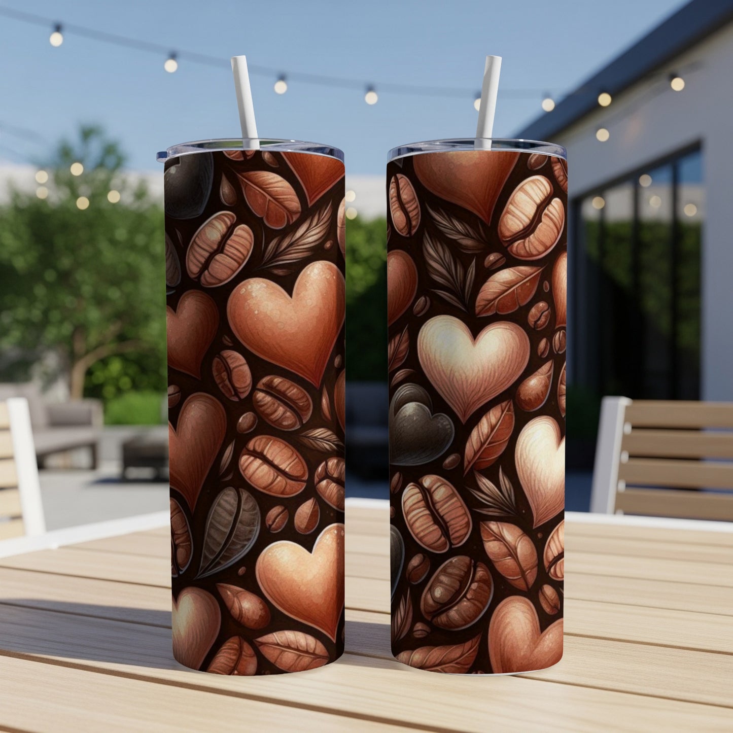 Two tall tumblers with heart and coffee bean pattern.