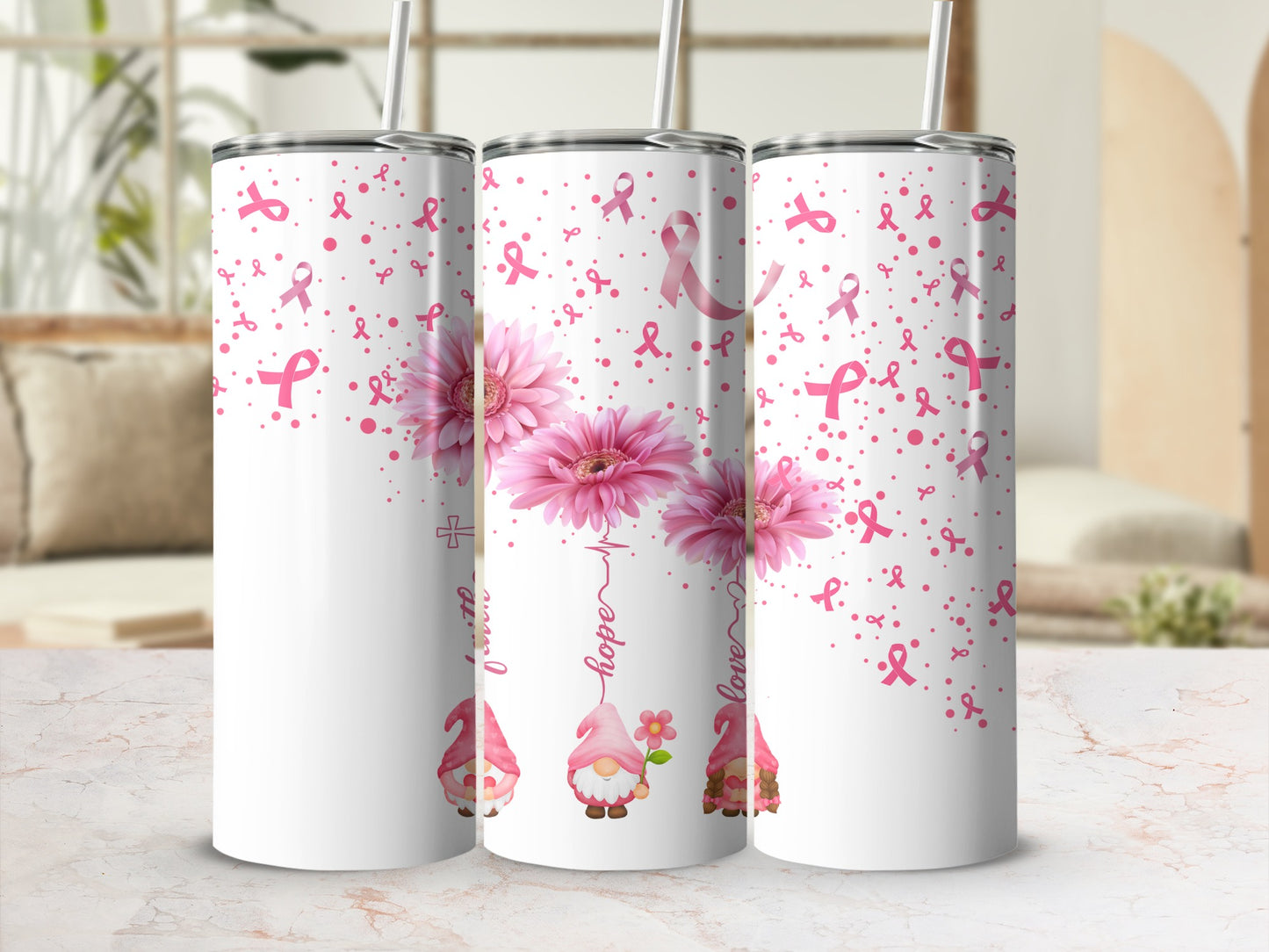 Pink ribbon and flower adorned tumbler with gnome and uplifting text.