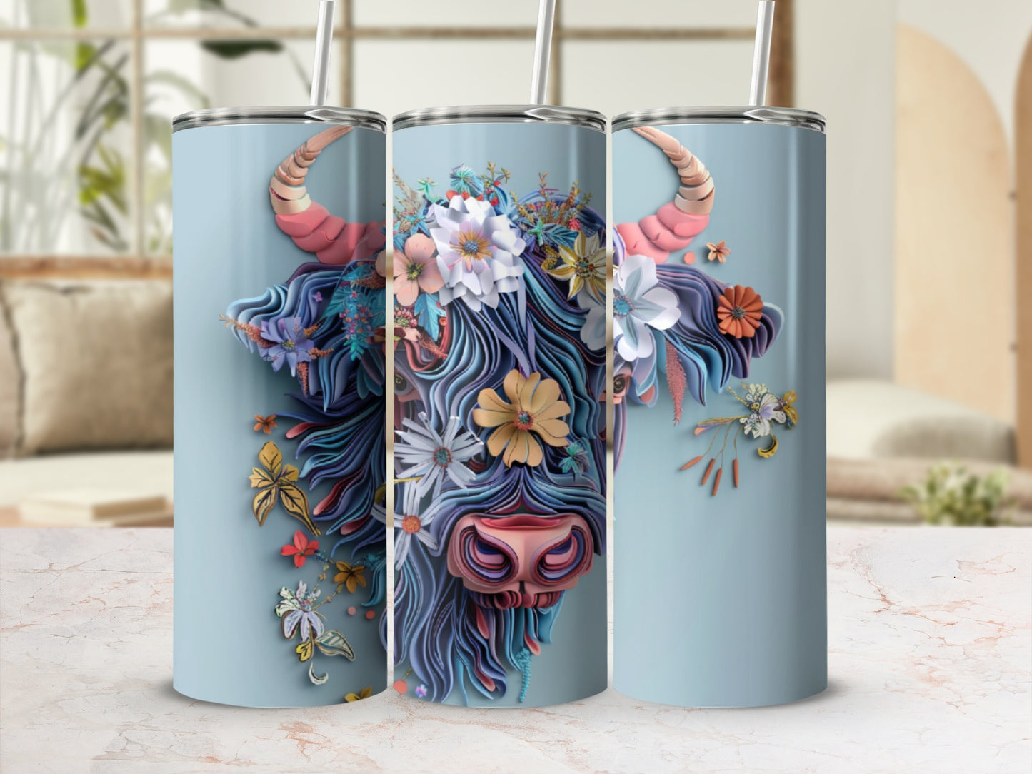 Floral highland cow tumbler with pastel background.