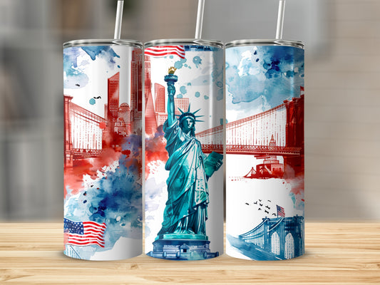 Statue of Liberty and bridges with red, white, and blue watercolor accents.