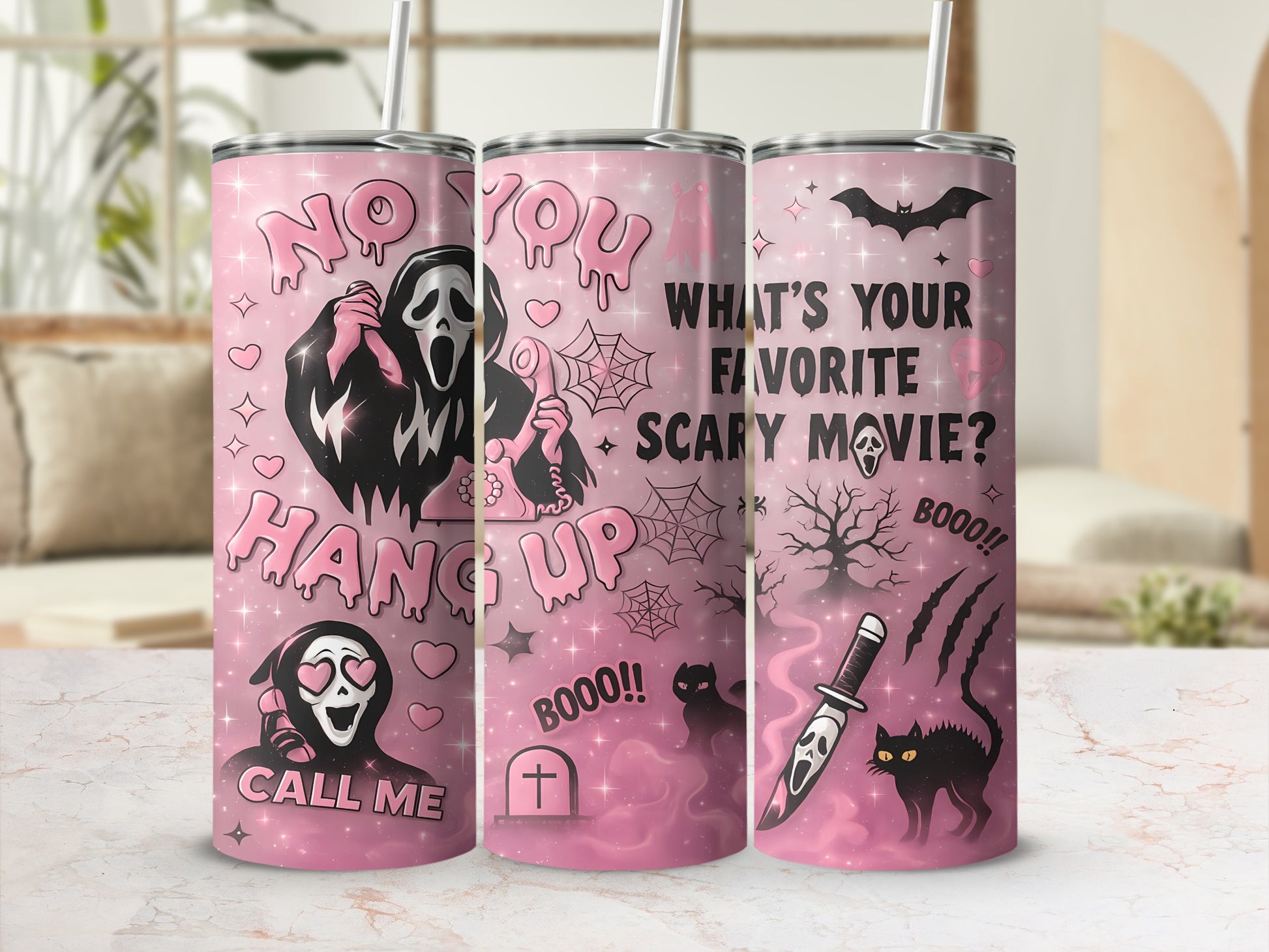 Pink tumbler with Scream mask, text, spooky graphics, and a cat.