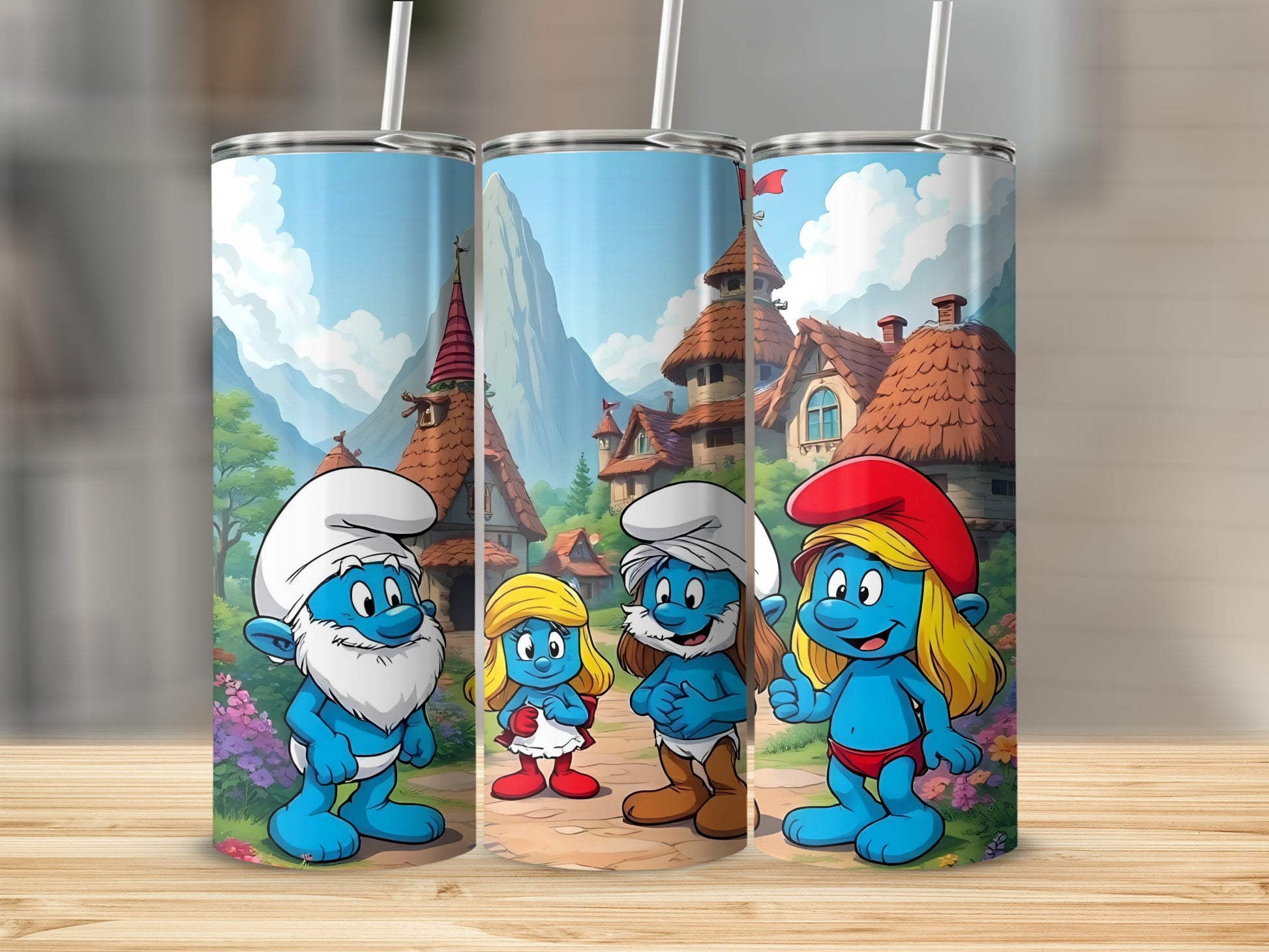 Cartoon Village Scene with Blue Characters Tumbler Cups