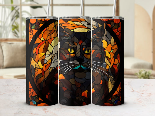 Stained glass cat tumbler with colorful mosaic patterns and a straw.