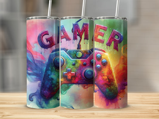 Gaming controller with "GAMER" text in colorful, watercolor-like splashes.