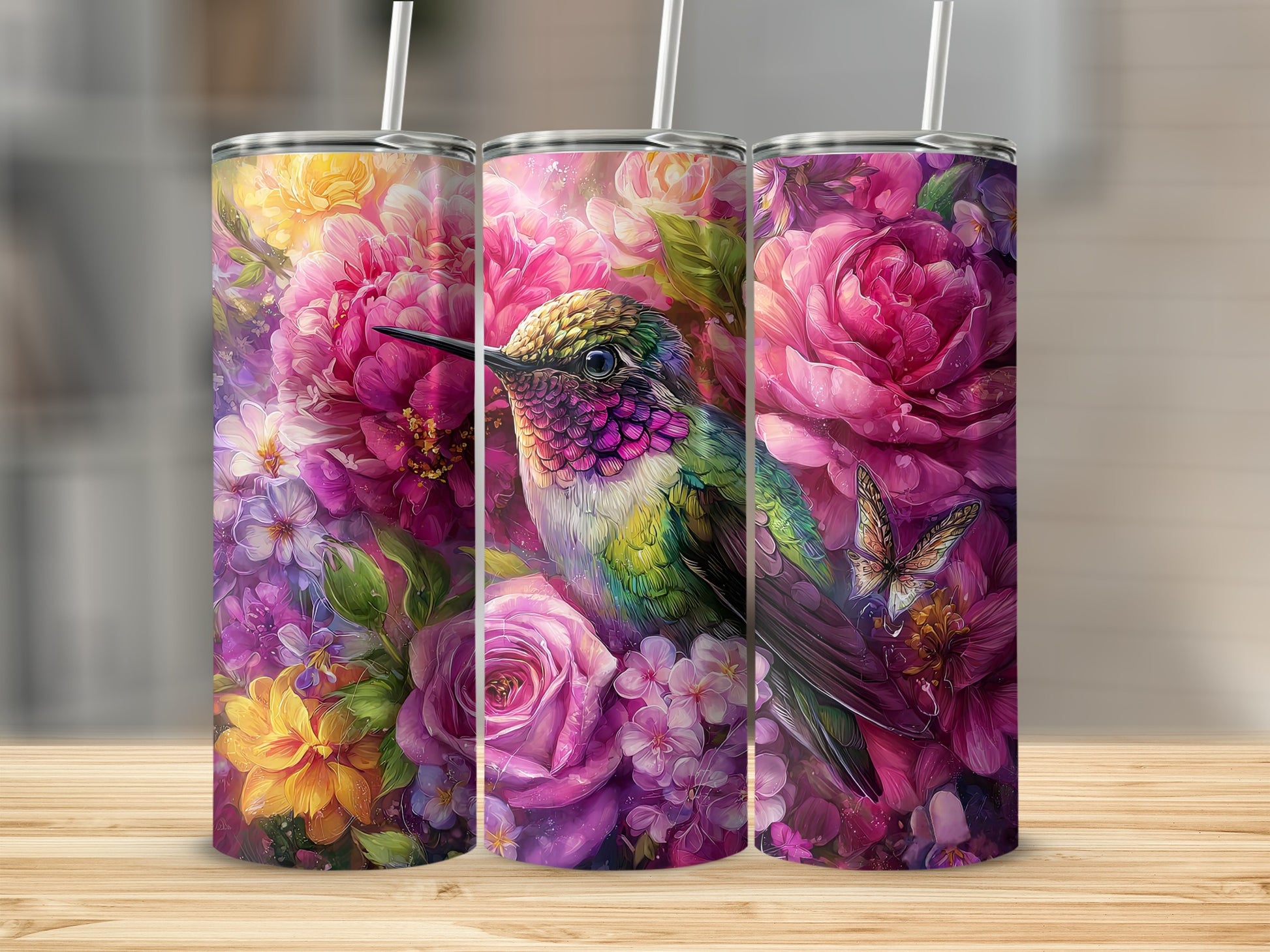 Beautifully Designed Hummingbird and Flowers Tumbler