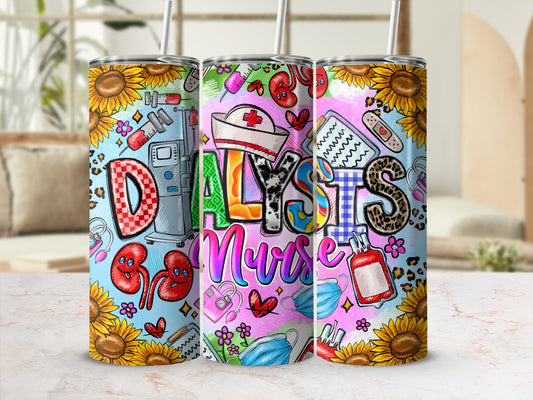 Dialysis Nurse tumbler with sunflowers, kidneys, and medical icons.