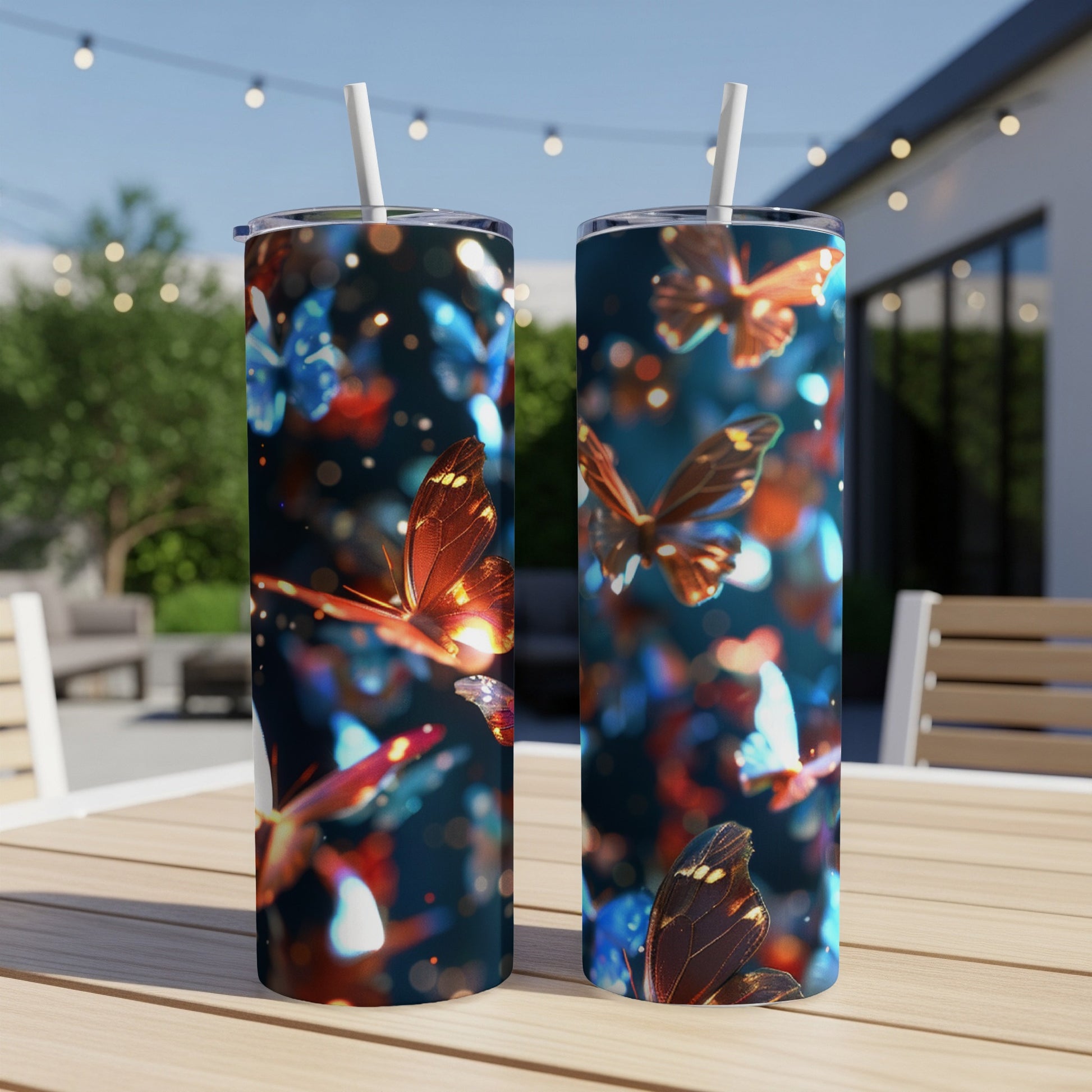 Two tumblers with iridescent butterflies on a dark background.