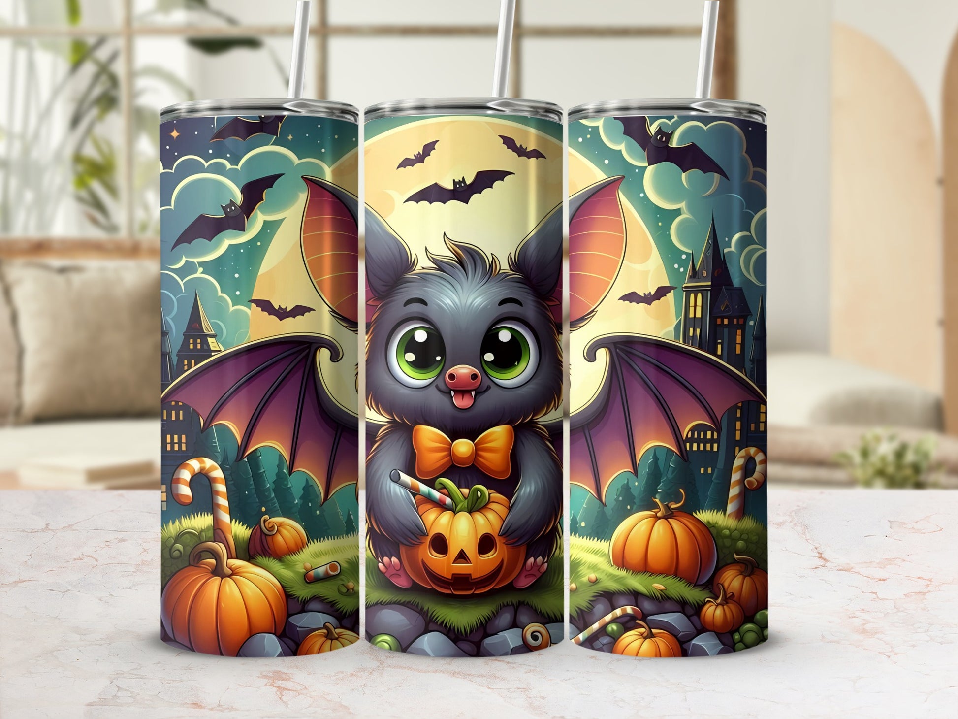 Halloween tumbler with cute bat, pumpkins, candy canes, and haunted houses.