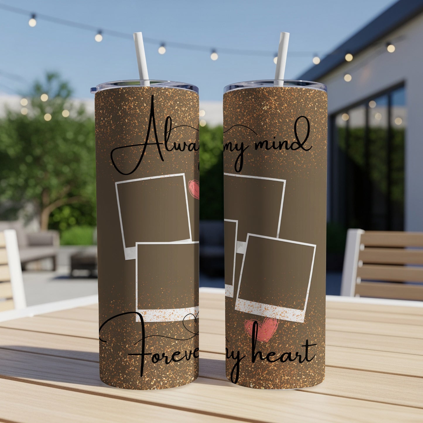 Brown speckled tumblers with "Always my mind, forever my heart" text and photo frames.