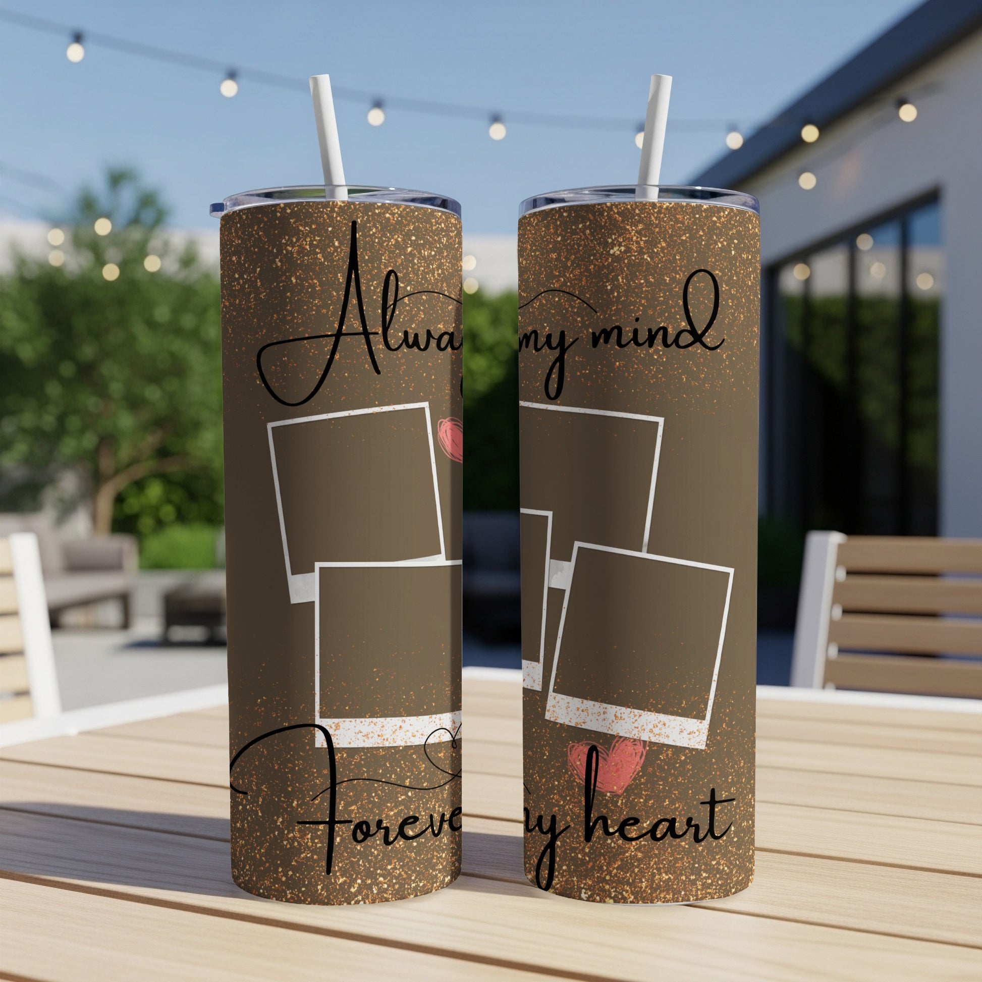 Brown speckled tumblers with "Always my mind, forever my heart" text and photo frames.