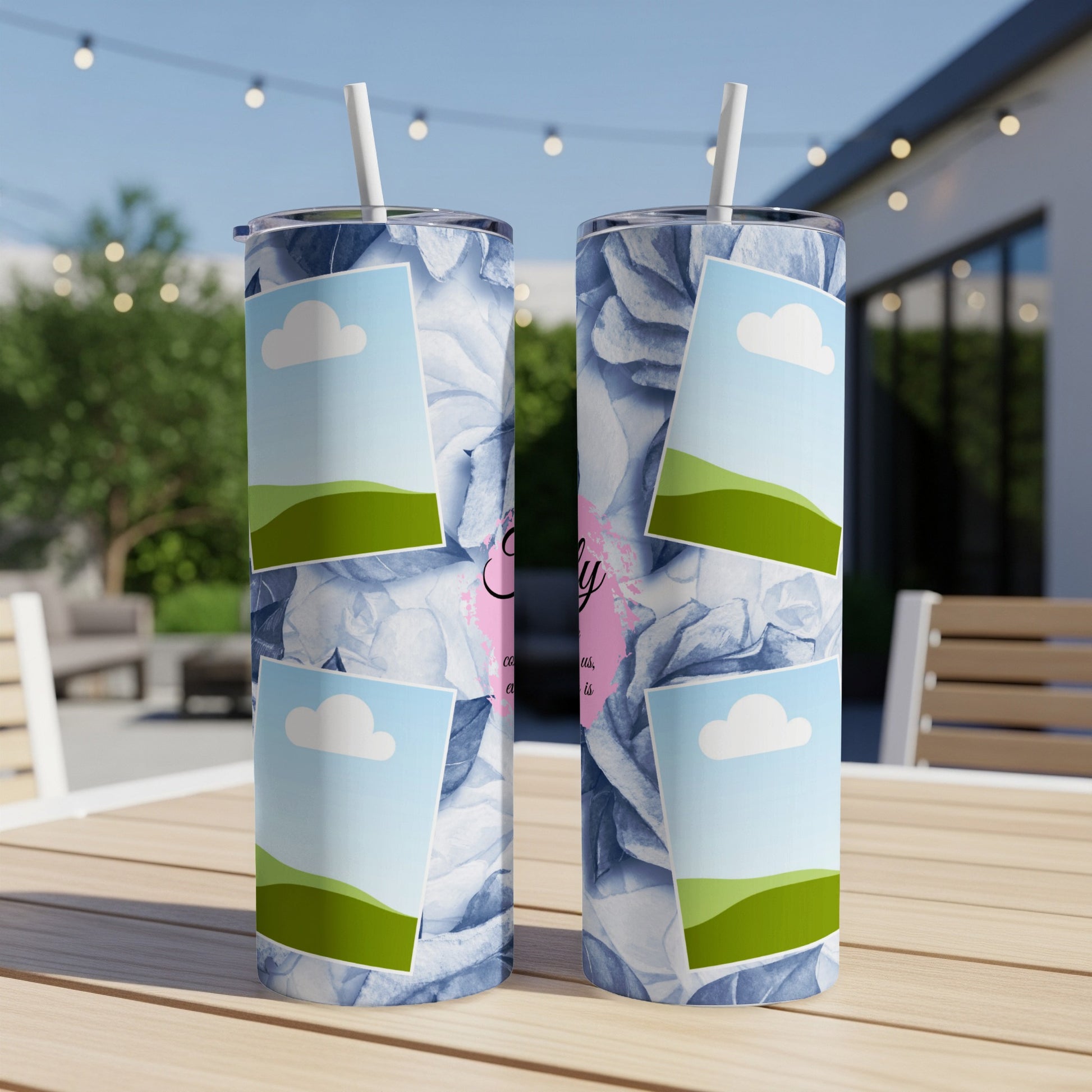 Two tumblers with blue floral pattern and photo placeholders on a wooden table.
