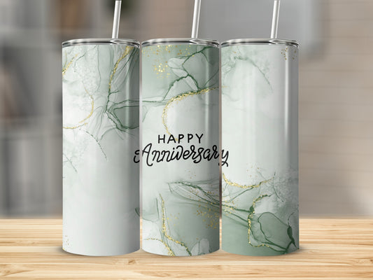 Three tumblers with green marble and gold glitter, reading "Happy Anniversary".