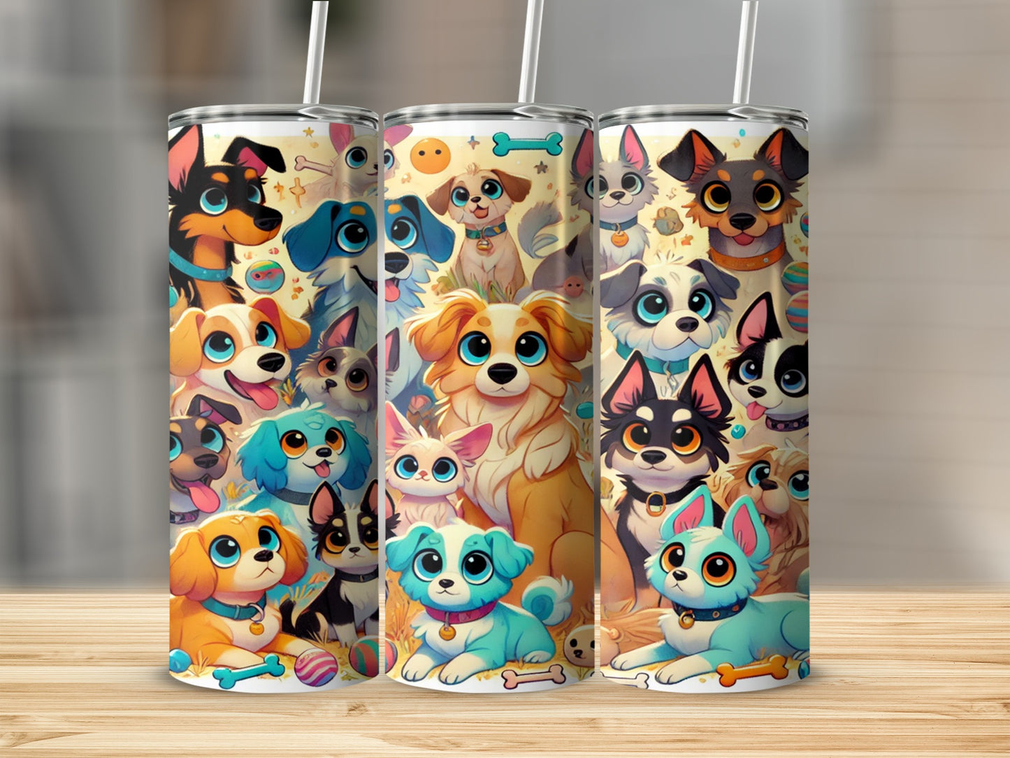 Adorable Cartoon Dogs Print Tumbler with Straw