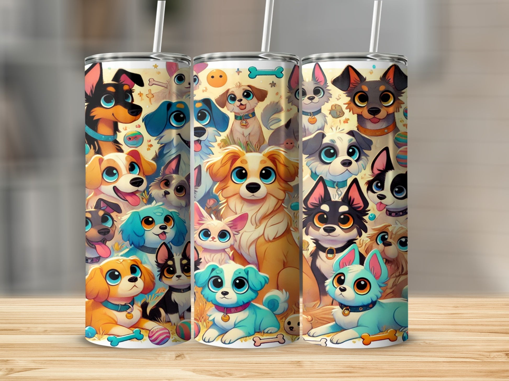 Adorable Cartoon Dogs Print Tumbler with Straw