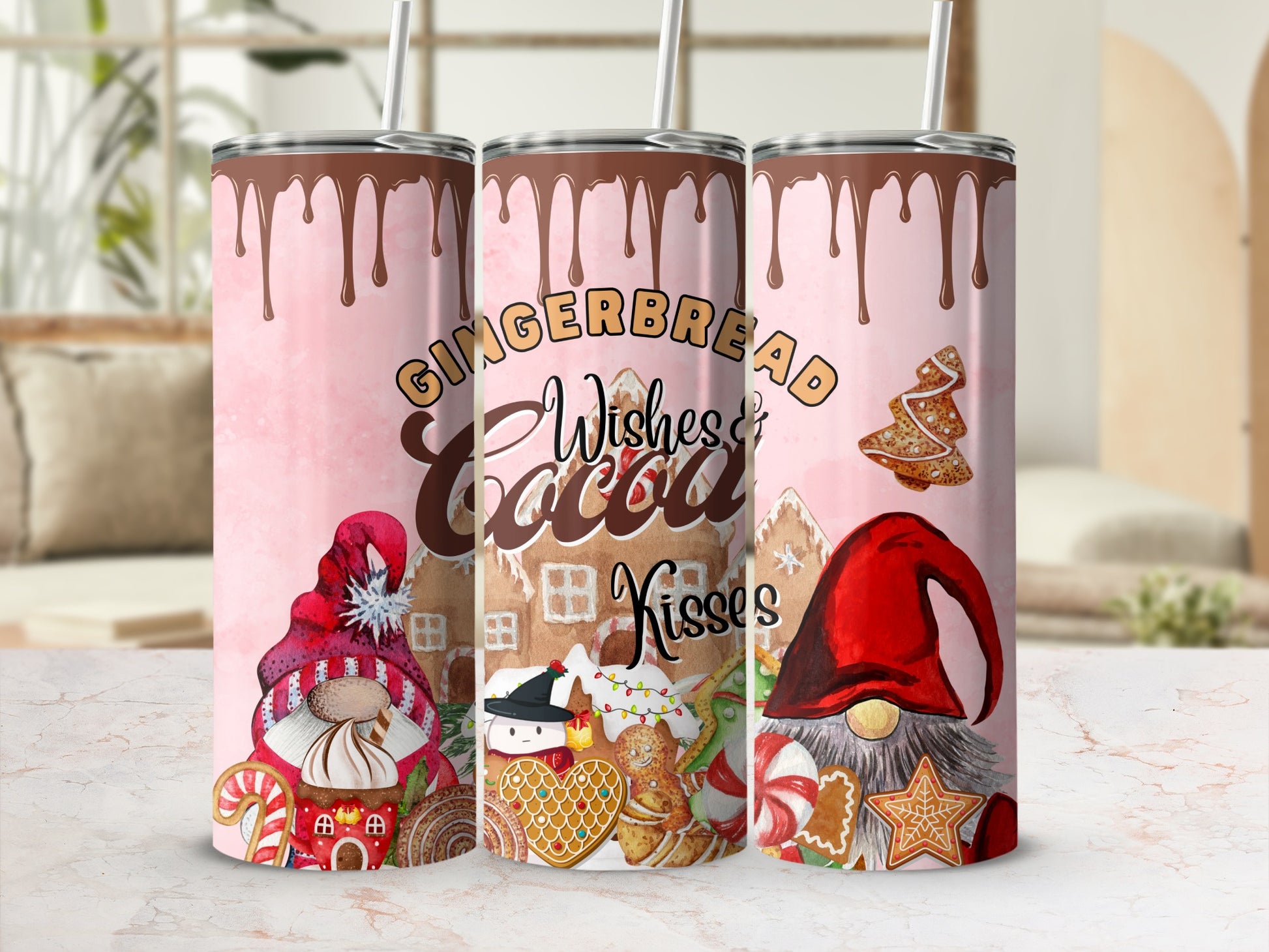 Gingerbread Wishes & Kisses tumbler with gnomes and cookies.
