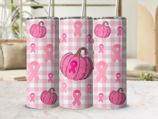 Pink gingham tumbler with pumpkins and pink ribbon design.