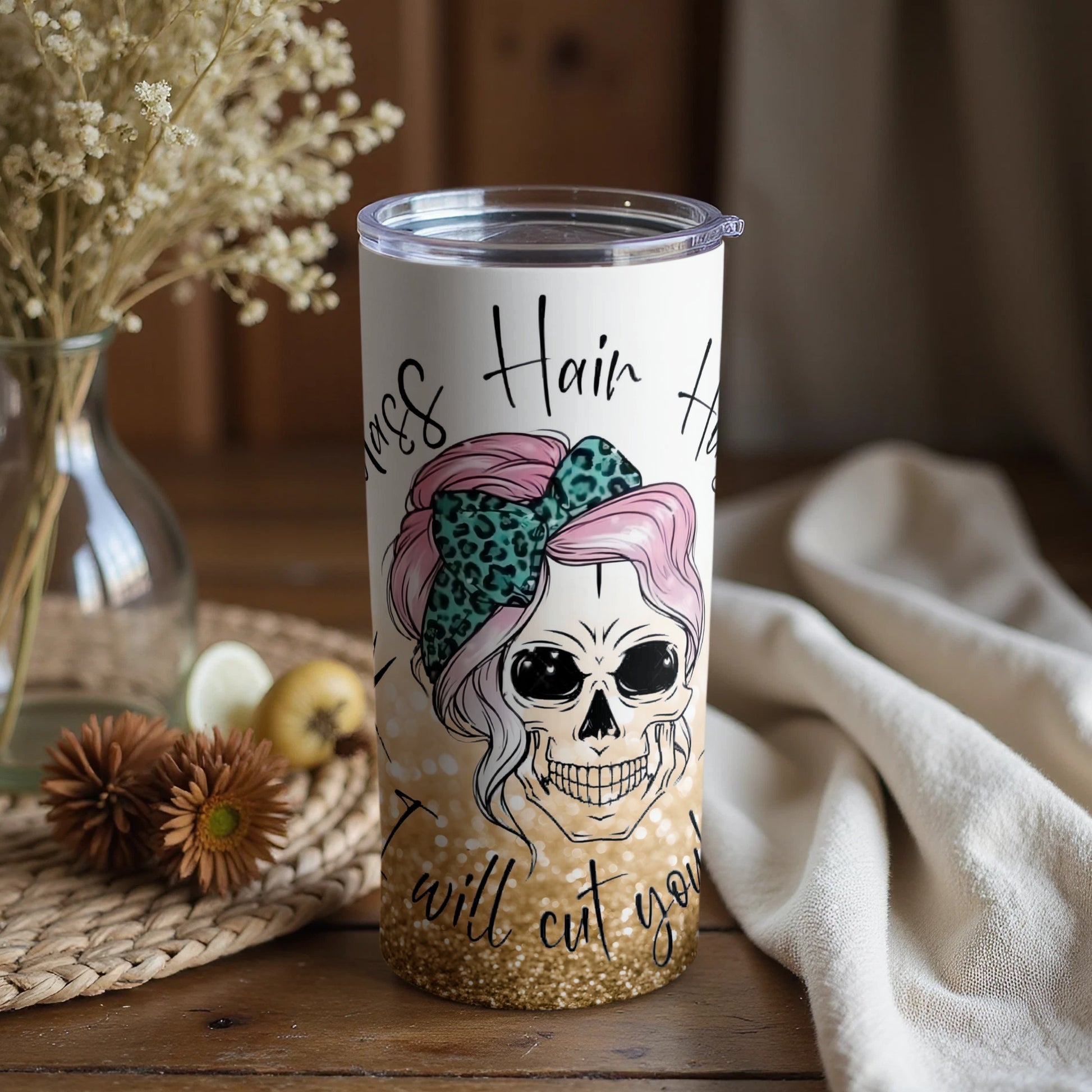 Skull with Pink Hair and Leopard Bow Design Tumbler