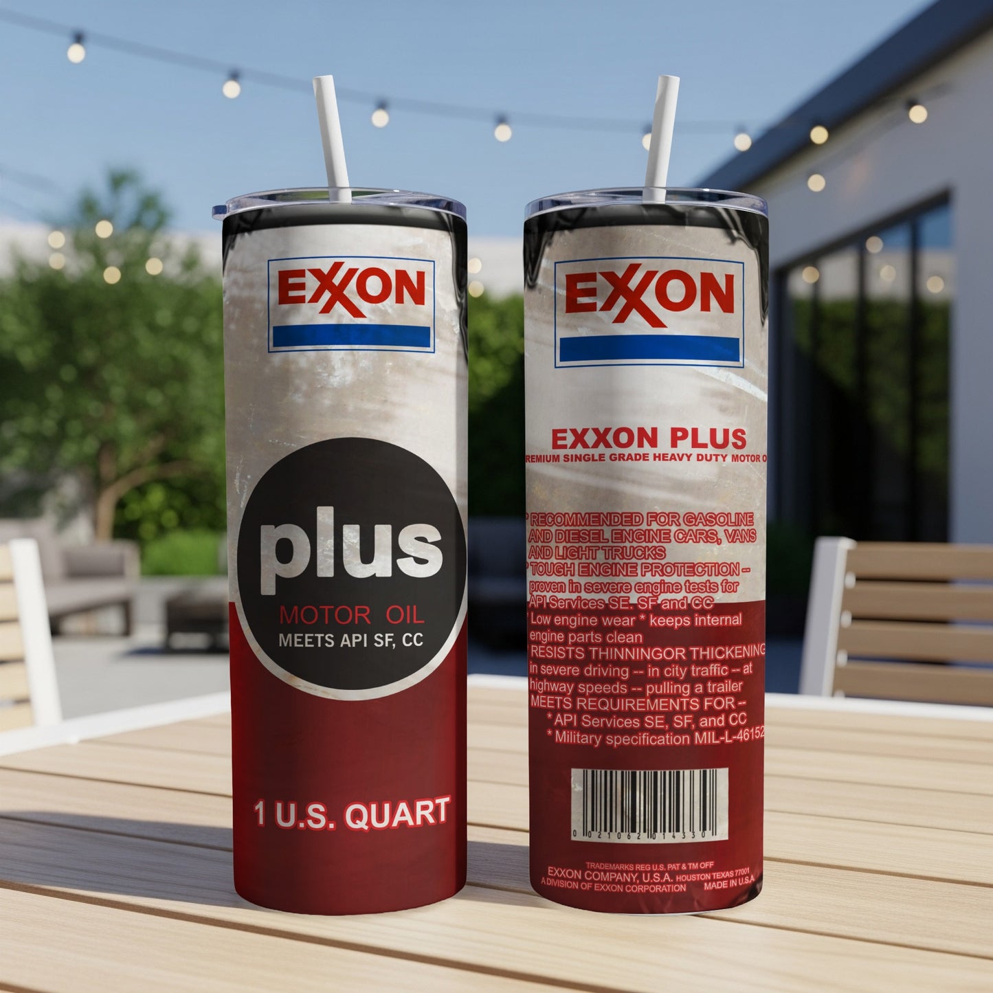 Exxon Plus motor oil quart container with text details and red straw.