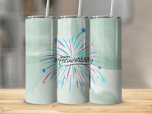 Anniversary tumbler with fireworks and watercolor background.