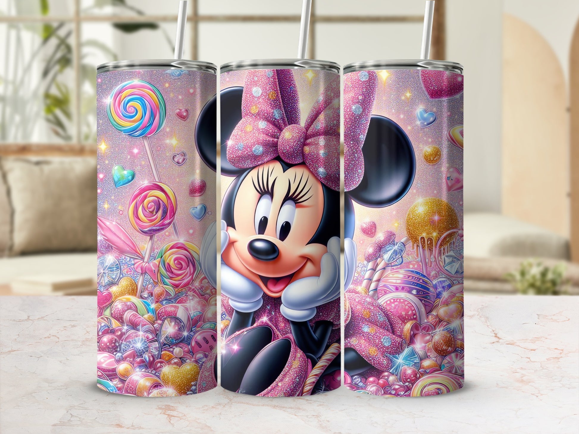 Colorful Minnie Mouse Themed Tumbler with Lollipop Art