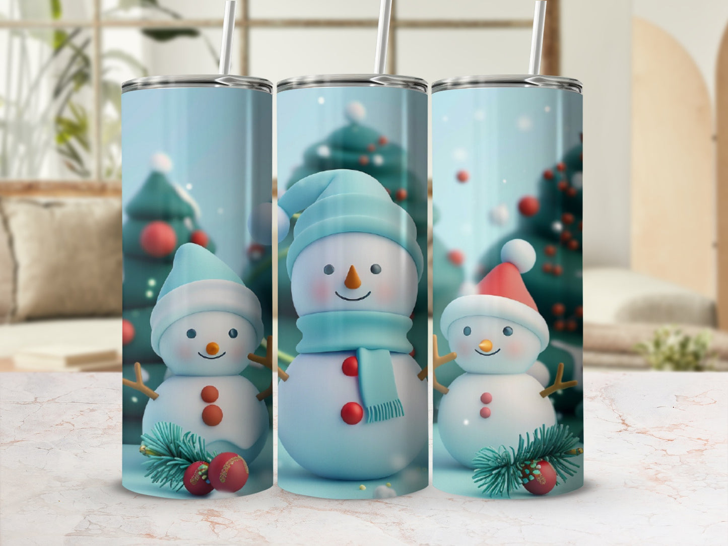 Three snowmen with Santa hats and scarves, wearing Christmas trees and ornaments.