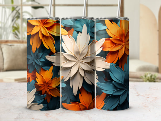 Three tumblers with large, layered floral patterns in orange, teal, and white.