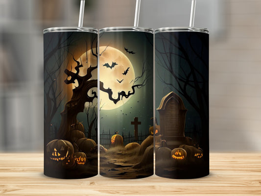 Halloween themed tumbler with jack-o'-lanterns, a tombstone, and bats under a full moon.