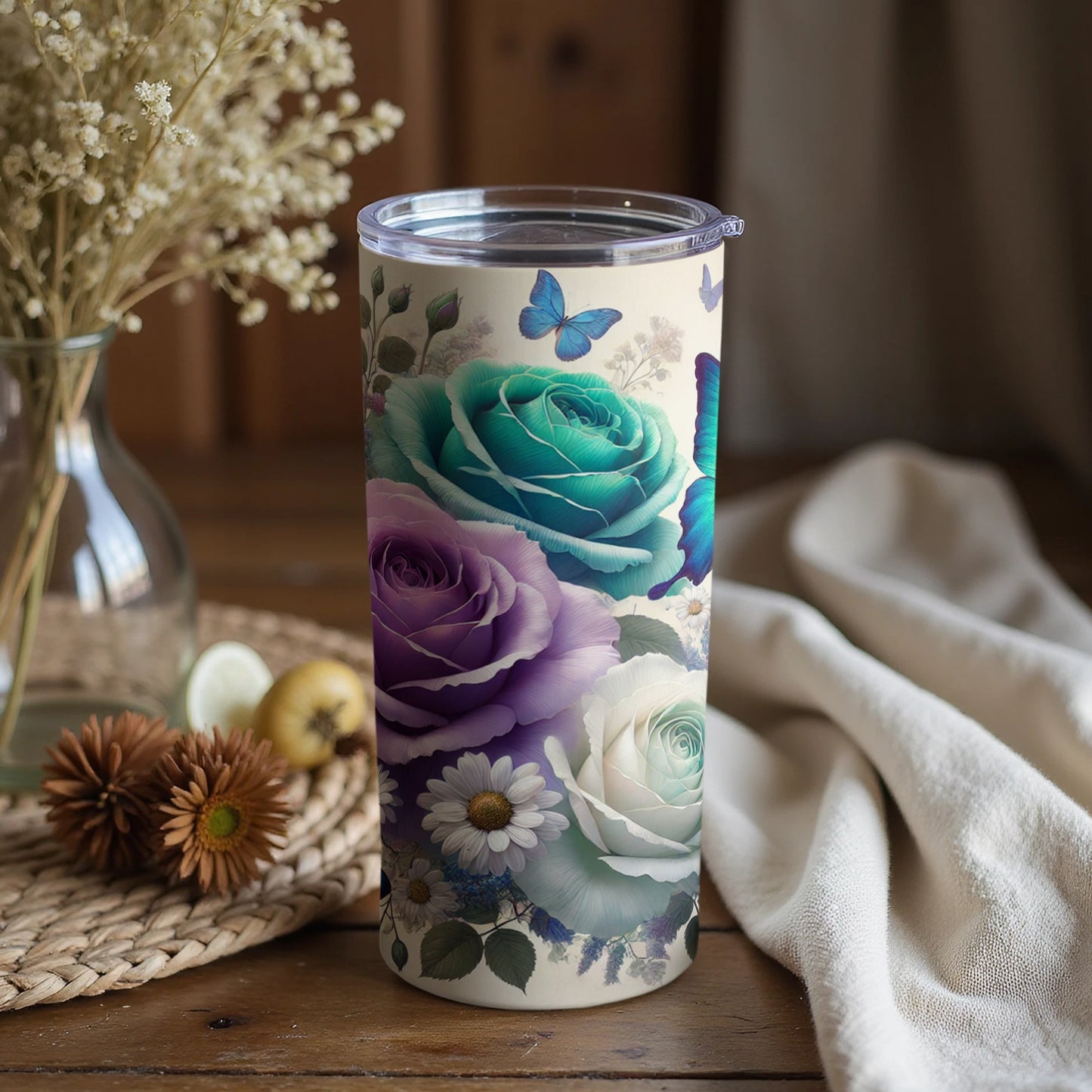 Beautiful Floral and Butterfly Insulated Tumbler Cup