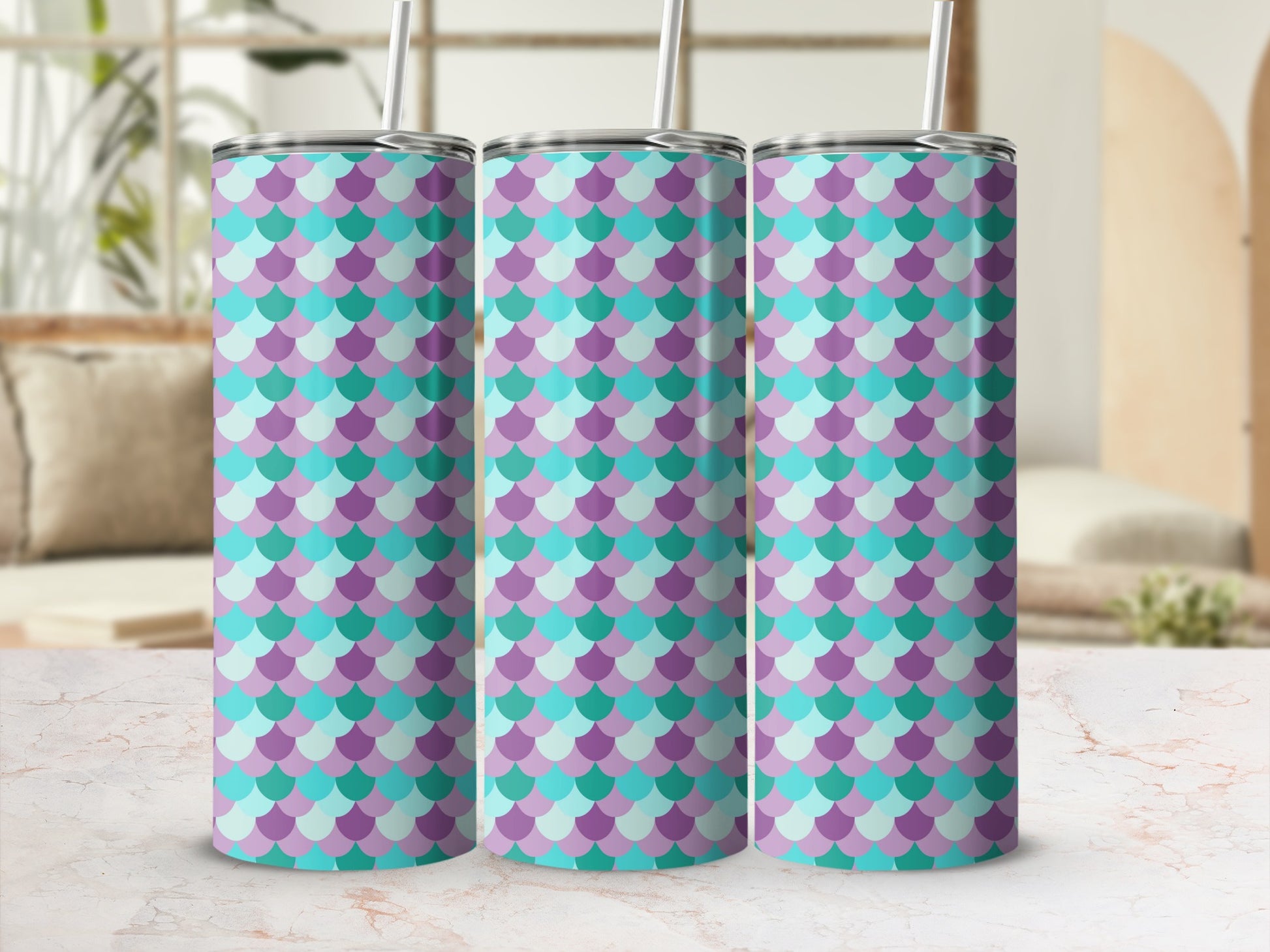 Three tumblers with purple, teal, and light blue ombre scallop pattern.