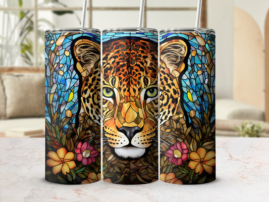 Leopard face with stained glass pattern, surrounded by floral accents.