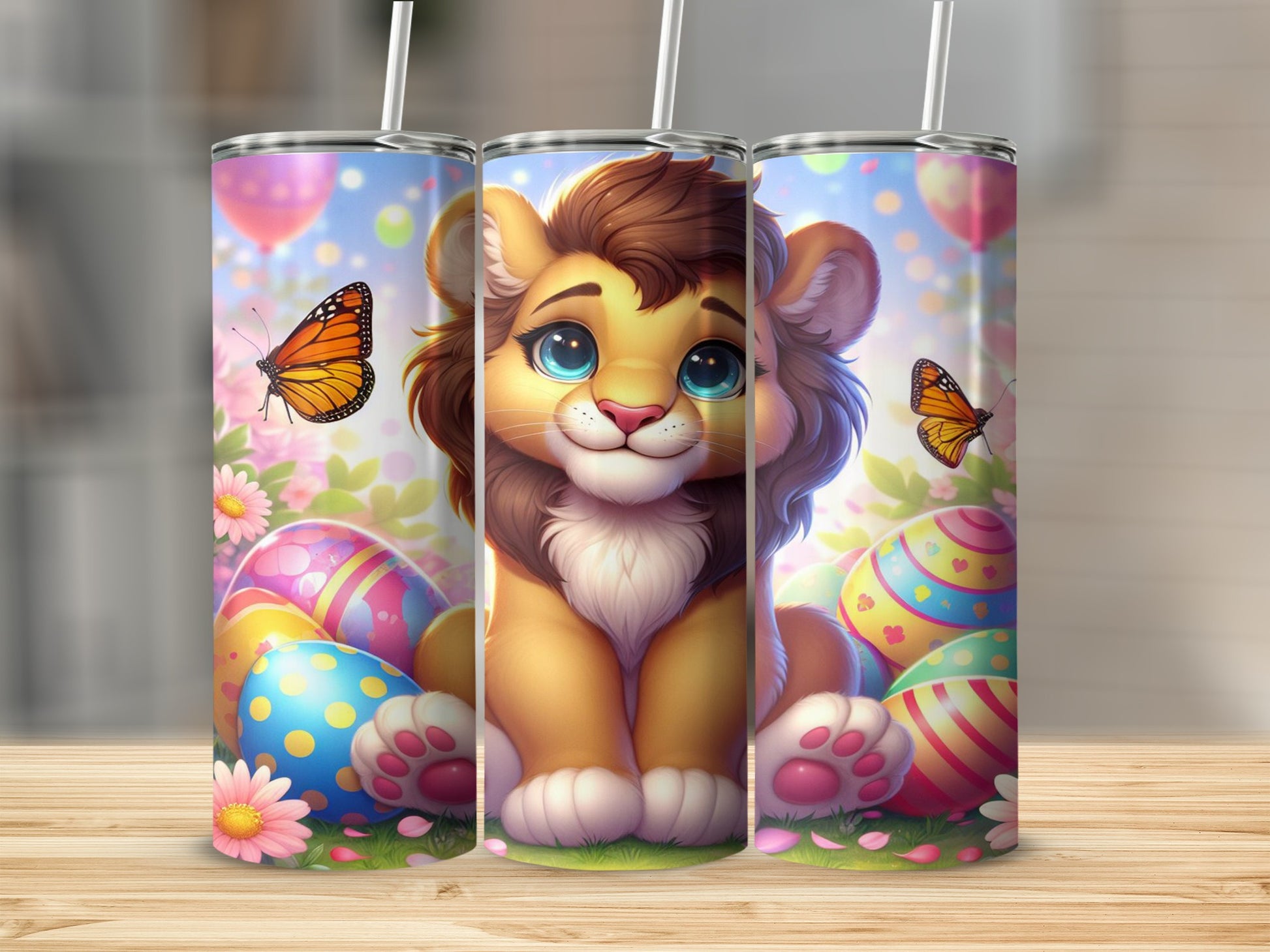 Cartoon lion with Easter eggs and butterflies on a patterned background.