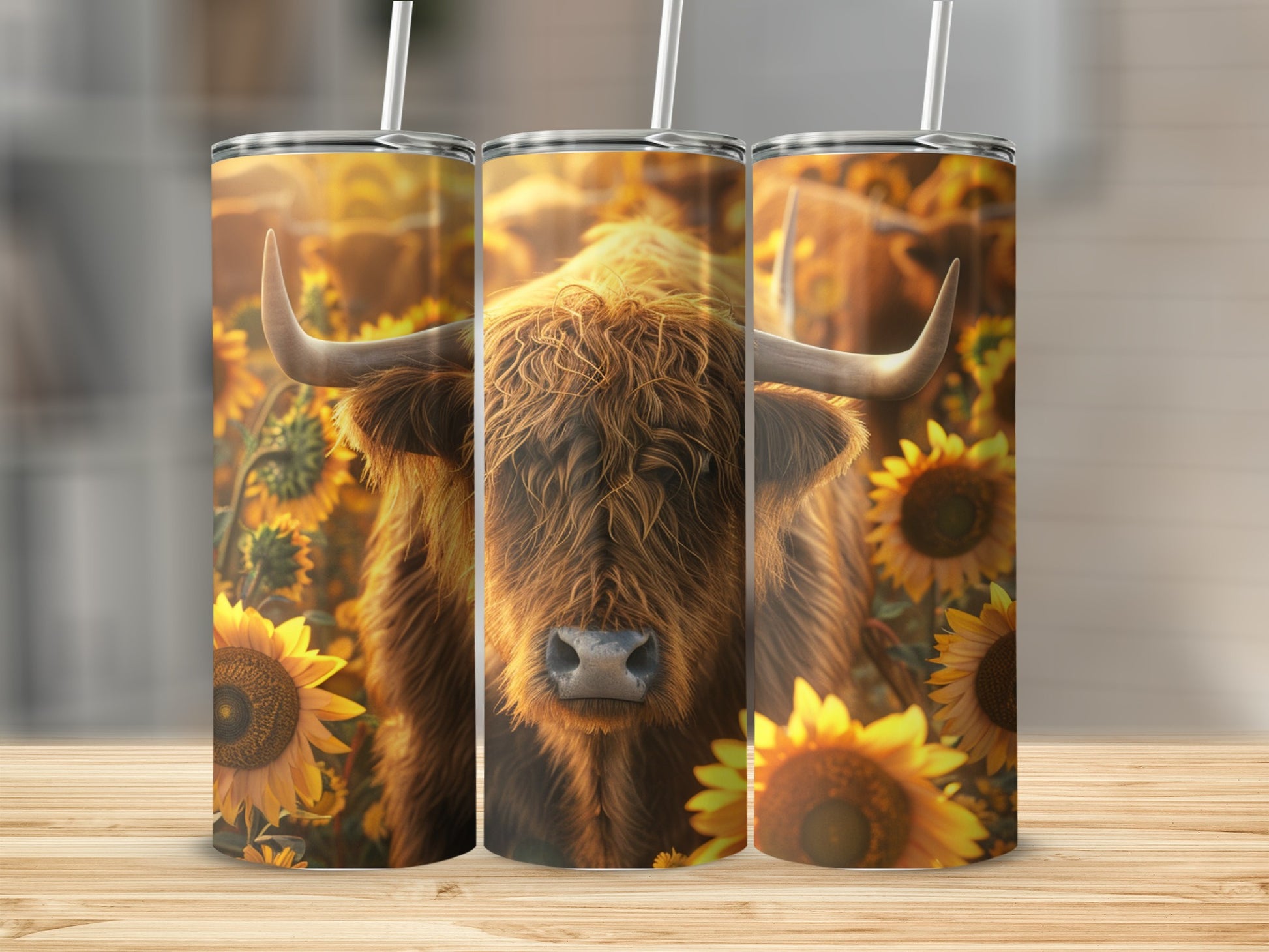 Highland cow with sunflowers on a tumbler.