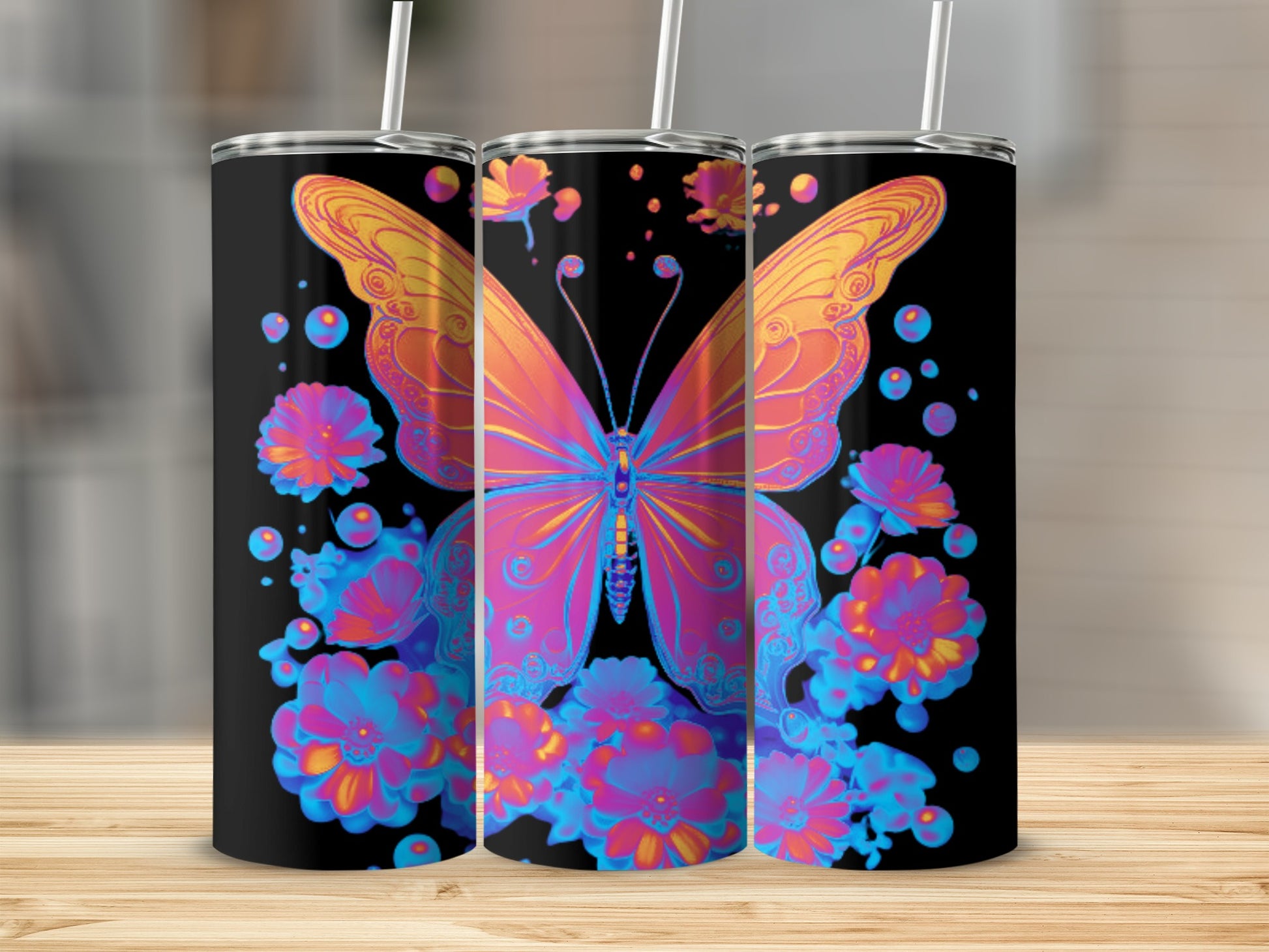 Pink and orange butterfly with blue flowers and black background.