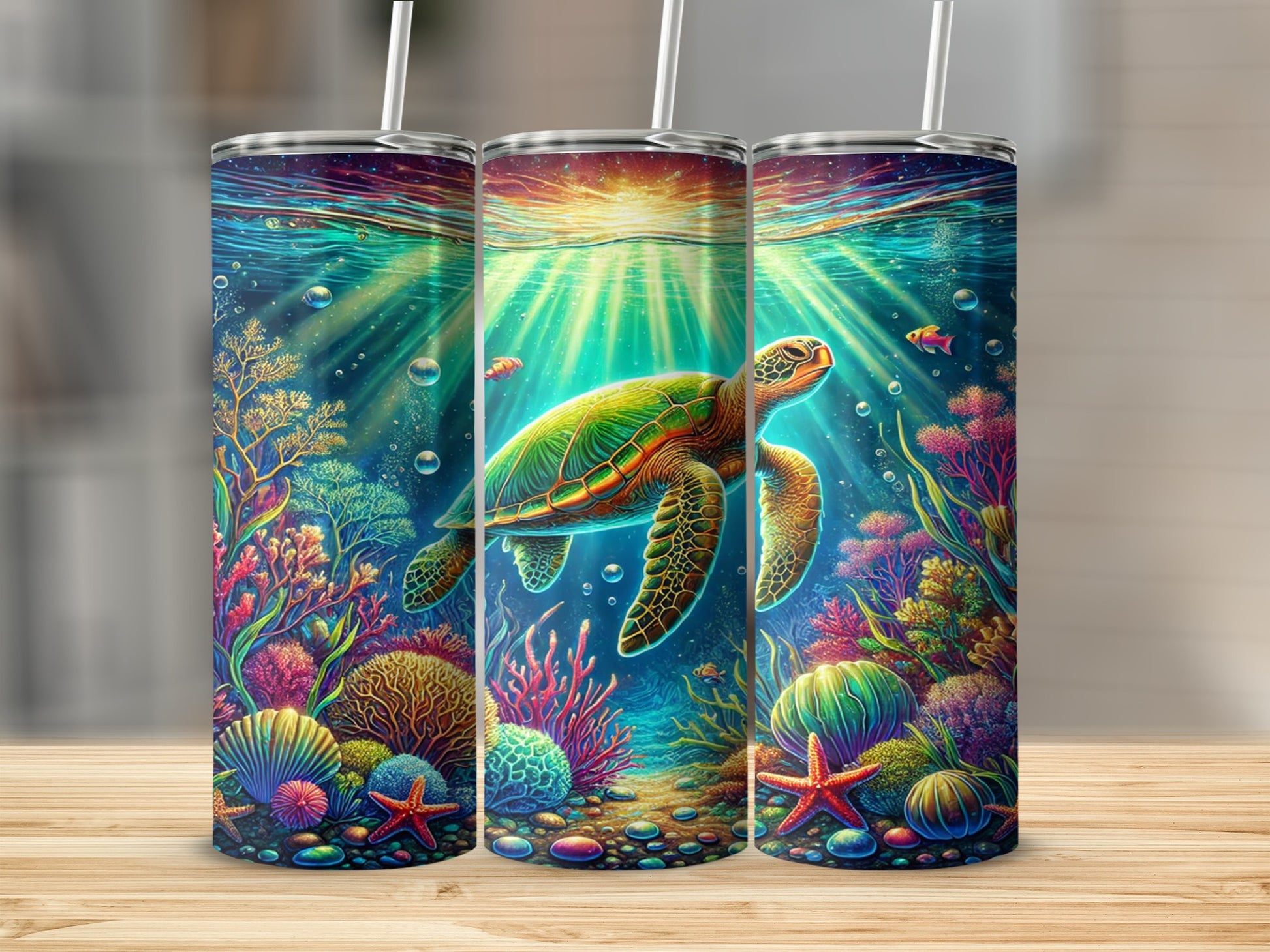 Colorful Sea Turtle and Coral Underwater Tumbler