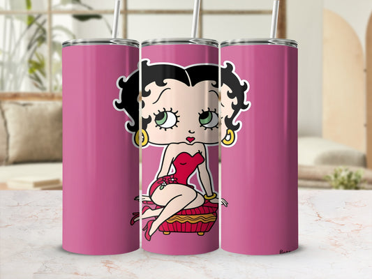 Pink Betty Boop tumbler with gold accents.