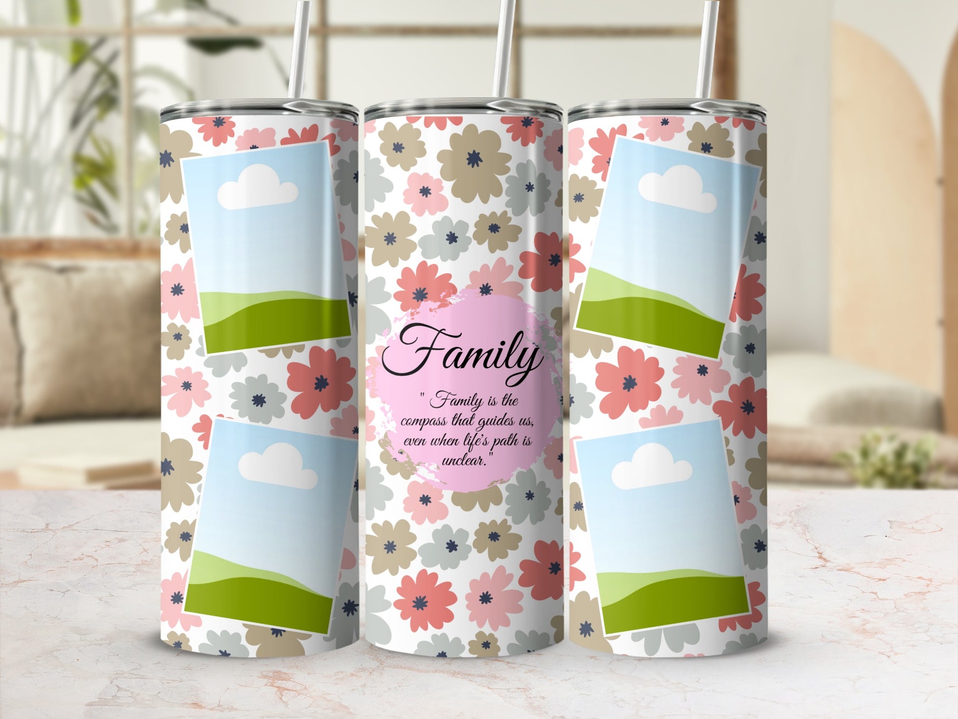 Floral tumbler with photo frames and "Family" quote.