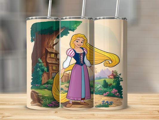 Rapunzel with long blonde hair in a purple dress on a rustic background.