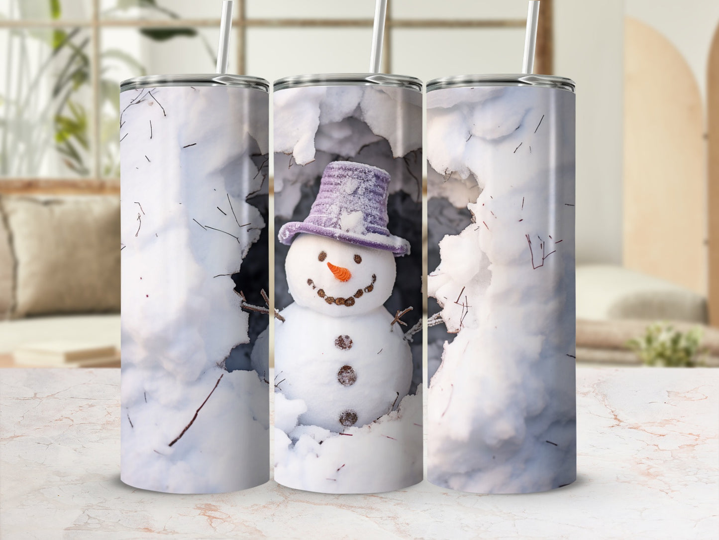 Cute Snowman with Purple Hat Insulated Tumbler Cup