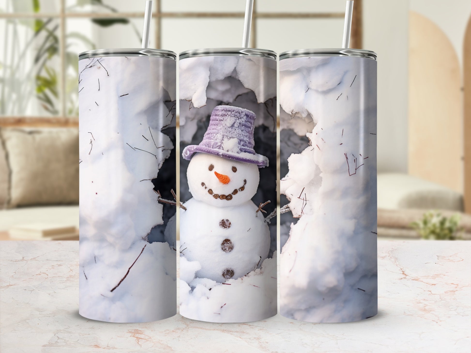 Cute Snowman with Purple Hat Insulated Tumbler Cup