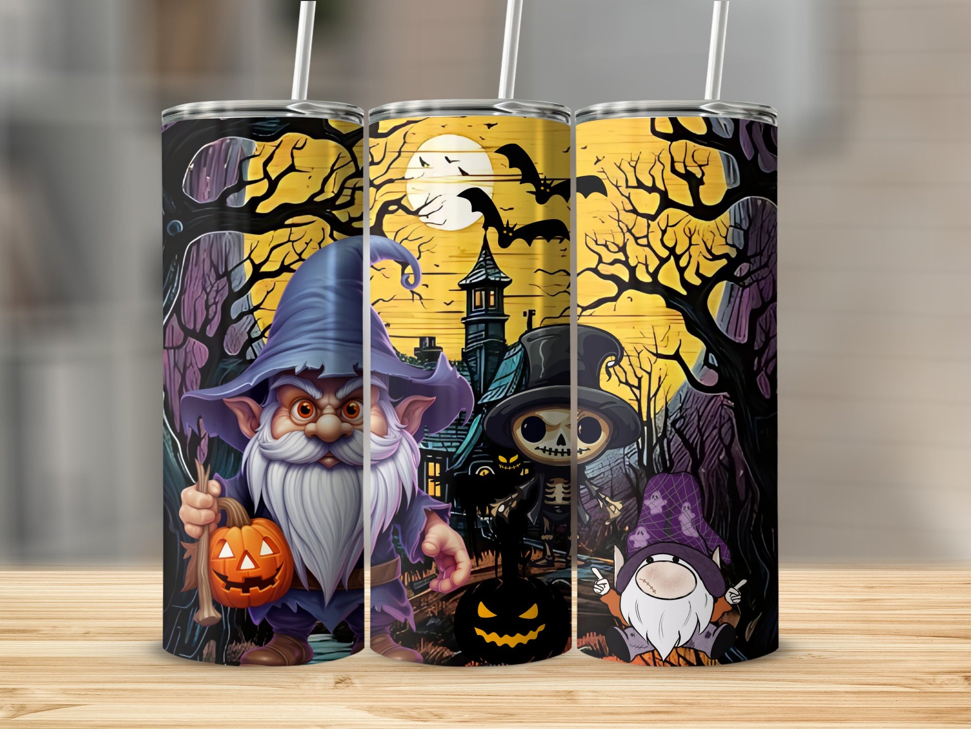 Halloween Gnome Wizard and Skull Full Wrap Tumbler