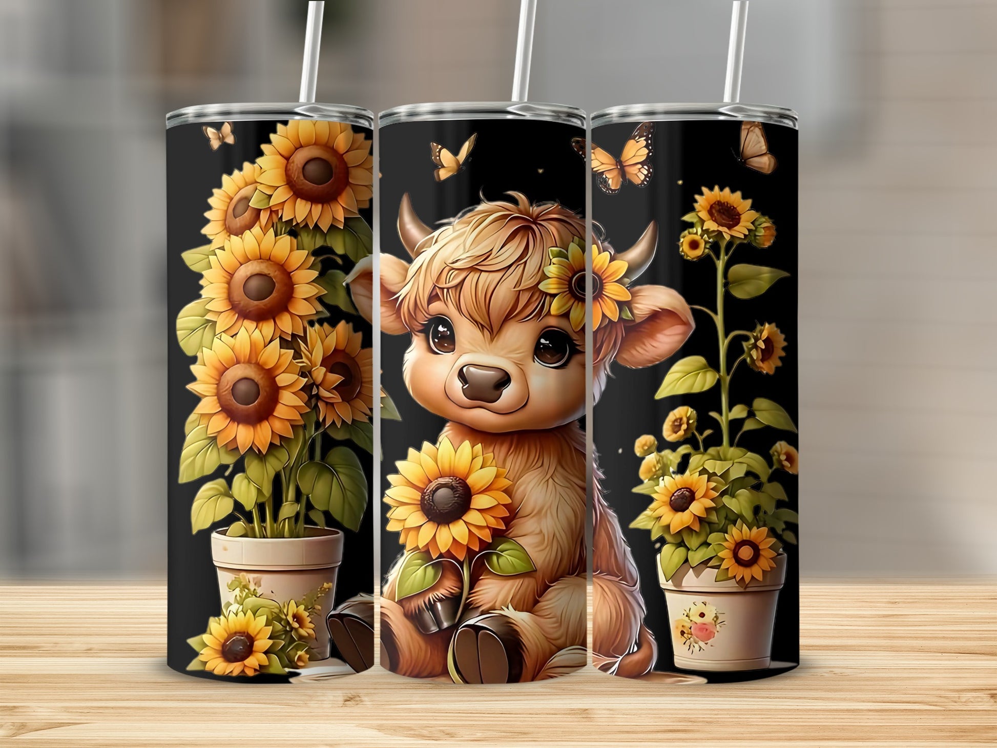 Cute Cow And Sunflowers Design Tumbler With Straw